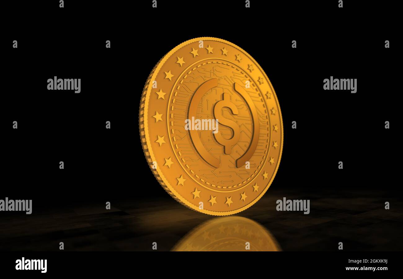 Simbolo di criptovaluta USDC moneta in oro USD su sfondo verde dello schermo. Concetto astratto illustrazione 3d. Foto Stock