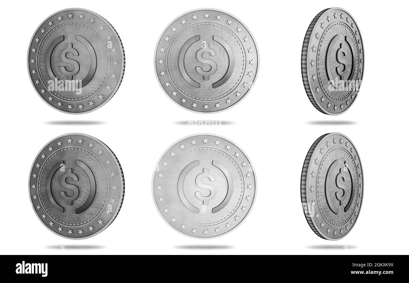 Simbolo di criptovaluta USDC isolato oro moneta USD su sfondo verde schermo. Illustrazione concettuale astratta. Foto Stock