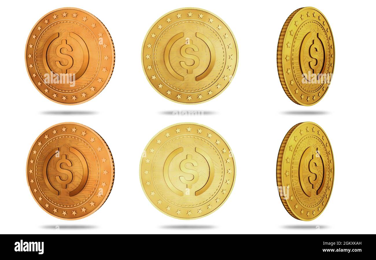 Simbolo di criptovaluta USDC isolato oro moneta USD su sfondo verde schermo. Illustrazione concettuale astratta. Foto Stock