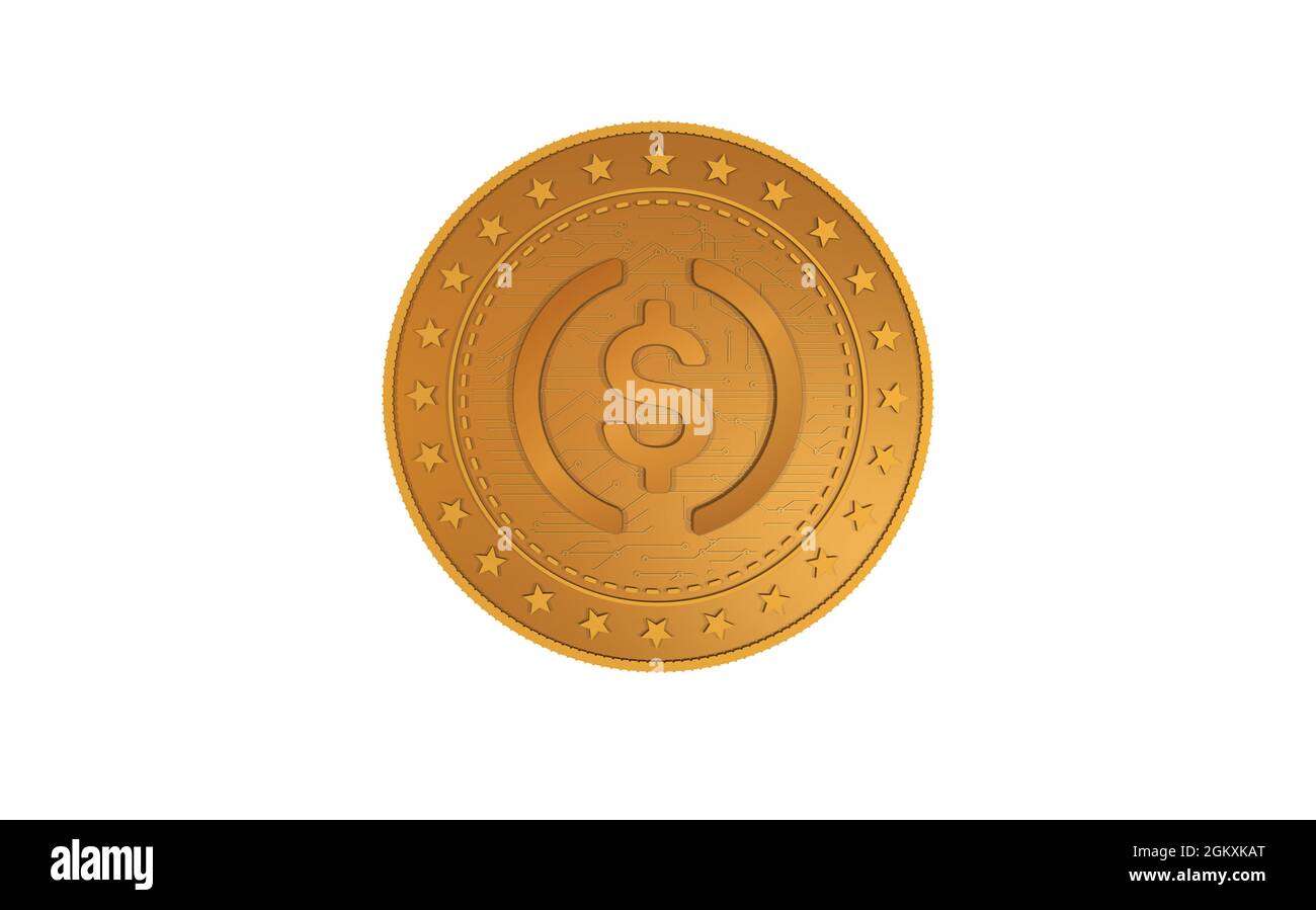 Simbolo di criptovaluta USDC isolato oro moneta USD su sfondo verde schermo. Illustrazione concettuale astratta. Foto Stock