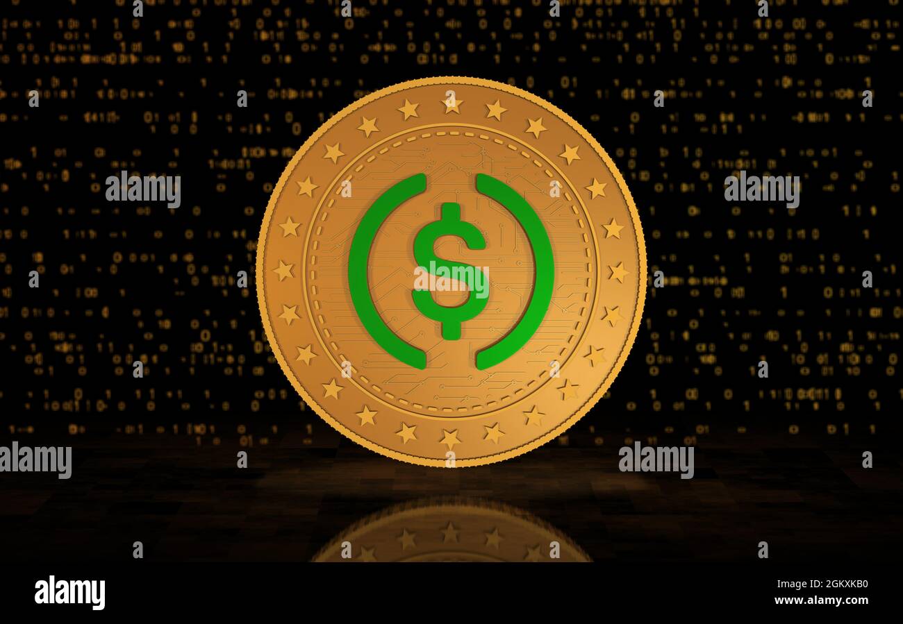 Simbolo di criptovaluta USDC moneta in oro USD su sfondo verde dello schermo. Concetto astratto illustrazione 3d. Foto Stock