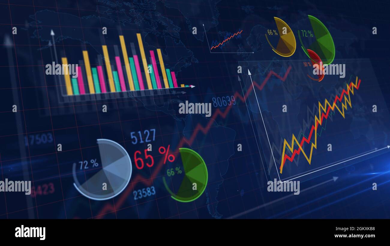 Diagrammi di business e diagrammi di economia di crescita. Visualizzazione dei dati 3D, informazioni e analisi sullo schermo. Rapporto finanziario concetto astratto. Foto Stock