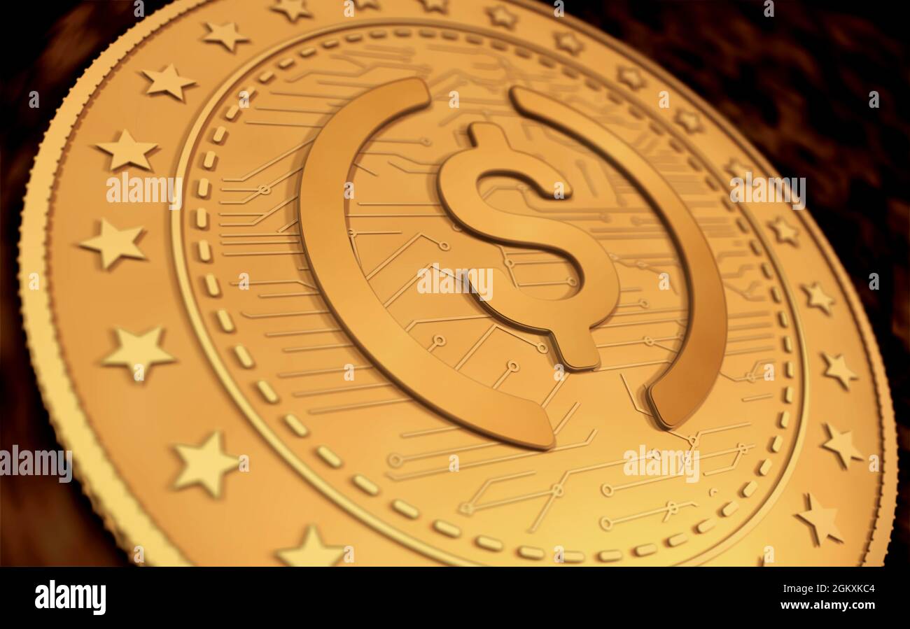Simbolo di criptovaluta USDC moneta in oro USD su sfondo verde dello schermo. Concetto astratto illustrazione 3d. Foto Stock