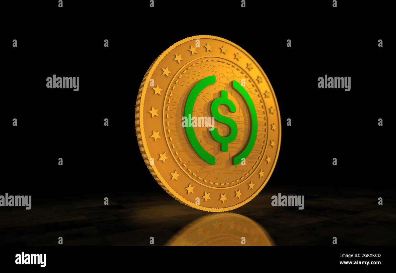 Simbolo di criptovaluta USDC moneta in oro USD su sfondo verde dello schermo. Concetto astratto illustrazione 3d. Foto Stock