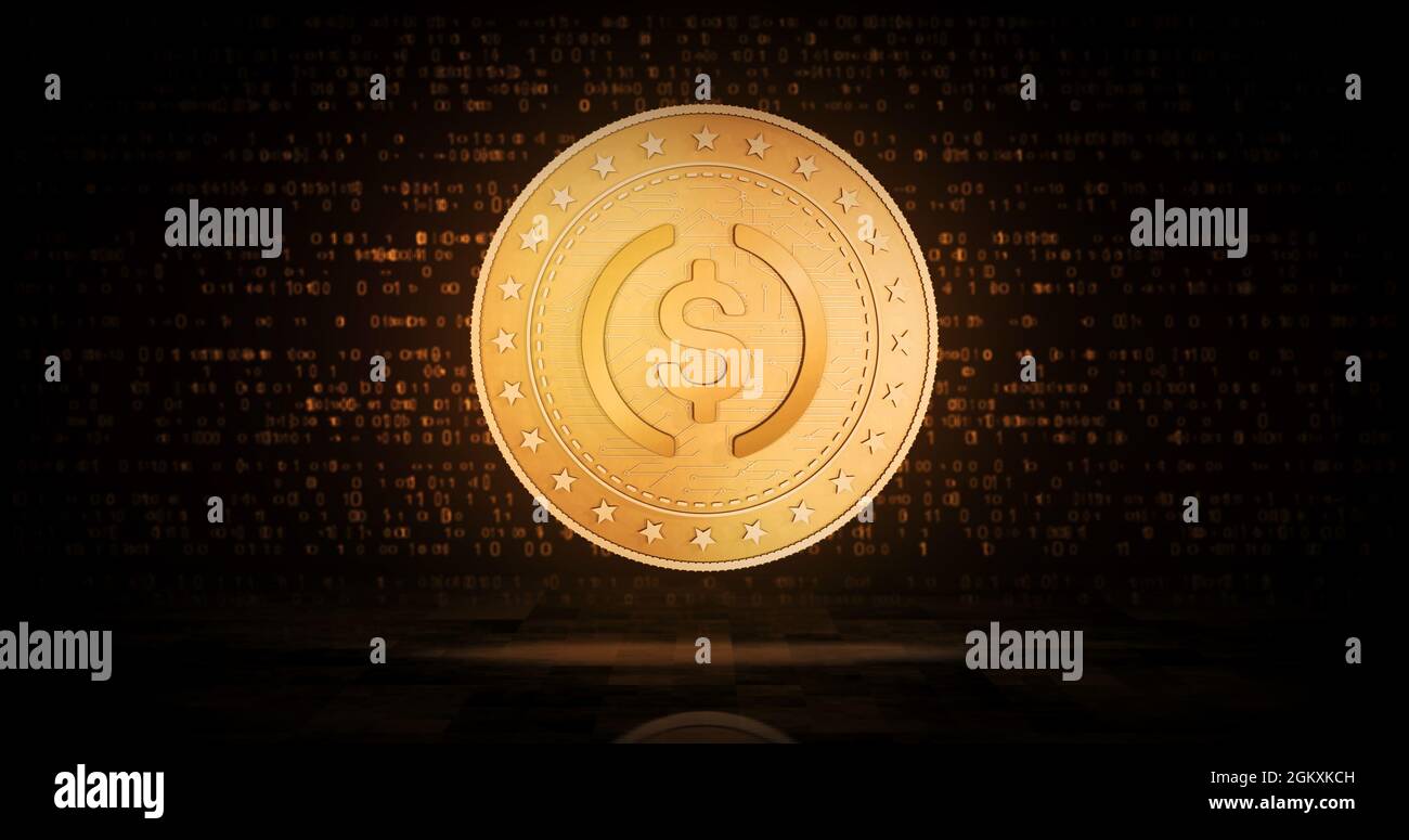 Simbolo di criptovaluta USDC moneta in oro USD su sfondo verde dello schermo. Concetto astratto illustrazione 3d. Foto Stock