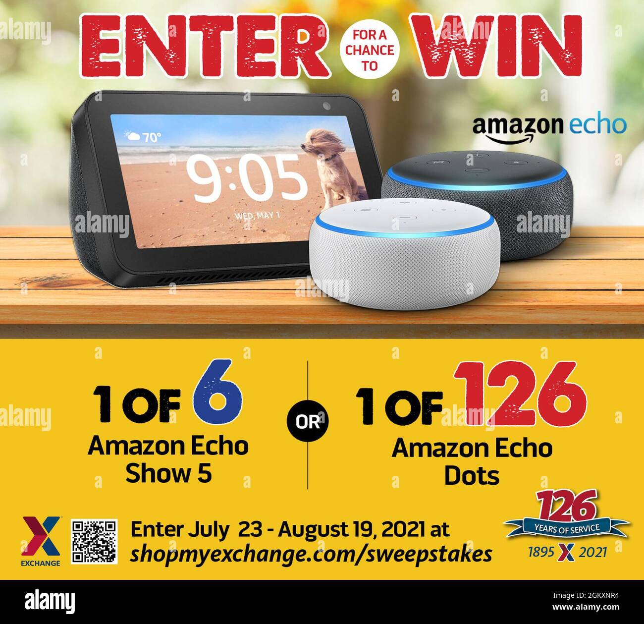 Aiuta il servizio di cambio dell'esercito e dell'aeronautica a celebrare i 126 anni di servizio ai migliori clienti del mondo! Dal 23 luglio al 19 agosto, partecipa per vincere uno dei sei Amazon Echo Show 5s o uno dei 126 punti Amazon Echo su ShopMyExchange.com/sweepstakes. Foto Stock