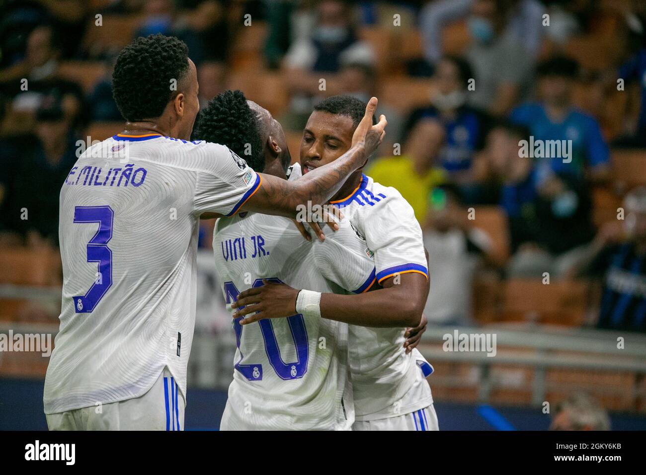 Milano, Italia - settembre 15 2021 -RODRYGO CELEBRA DOPO AVER SEGNATO IL GOL 0-1 LA VITTORIA DEL CAMPIONATO REAL Inter- Real Madrid Champions Credit: Christian Santi/Alamy Live News Foto Stock