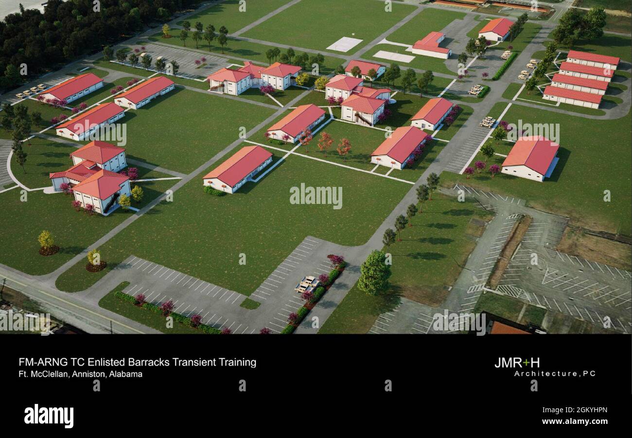 La rappresentazione dell'architetto di una vista a volo d'uccello del complesso completo delle caserme mostra le nuove facilità per alloggio, pranzo e amministrazione della truppa. La cerimonia rivoluzionaria, tenutasi il 29 luglio 2021, ha dato il via a un progetto di due anni e mezzo presso il Fort McClellan Training Center della Guardia Nazionale dell'Alabama ad Anniston, Ala., che sostituisce 15 edifici dell'era della seconda Guerra Mondiale con tre caserme a due piani, due caserme a un piano, due locali di ristorazione, due edifici amministrativi aziendali, e un edificio sede di battaglione, per un totale di 107,812 piedi quadrati di nuova costruzione con spazio cuccetta f Foto Stock