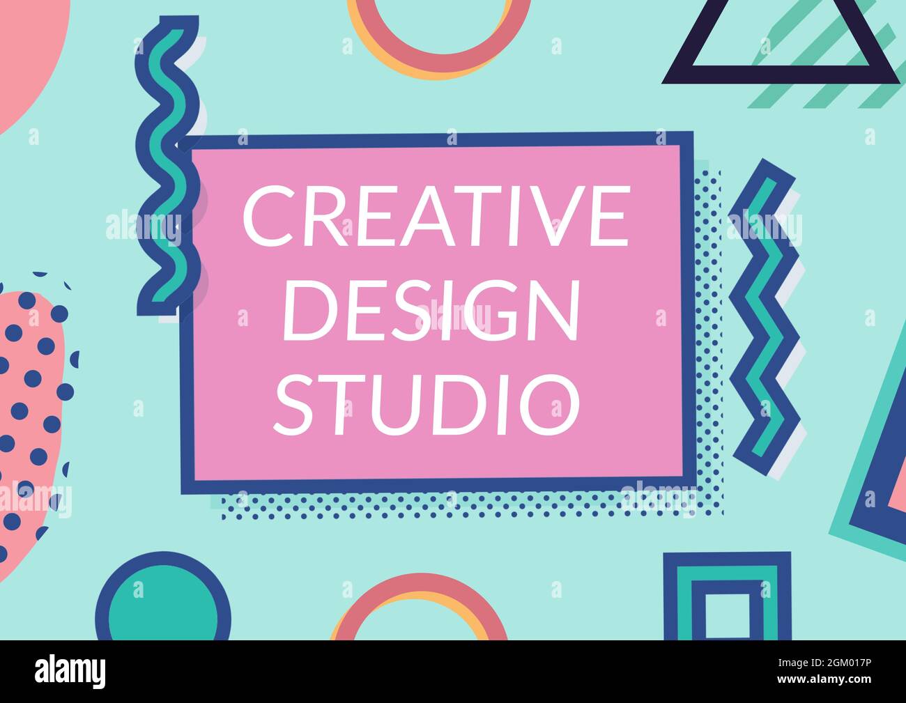 Testo in studio di design creativo su un banner rosa con forme colorate astratte su sfondo verde Foto Stock