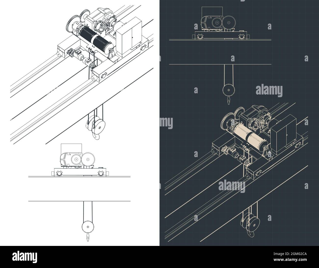Illustrazione vettoriale stilizzata di progetti di paranco elettrico a catena con gru a ponte a doppia trave Illustrazione Vettoriale