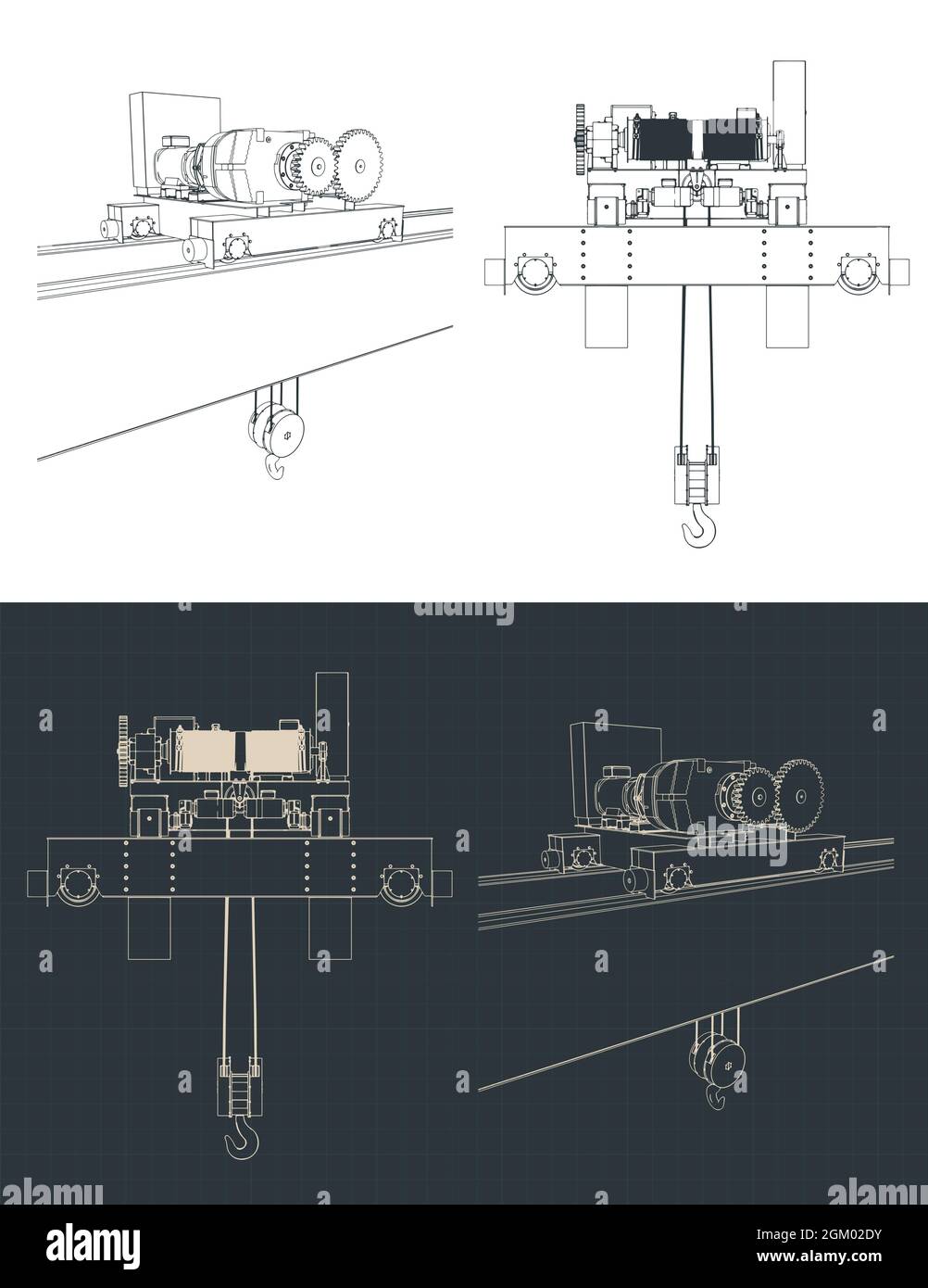 Illustrazione vettoriale stilizzata del paranco elettrico a catena con carroponte a doppia trave Illustrazione Vettoriale