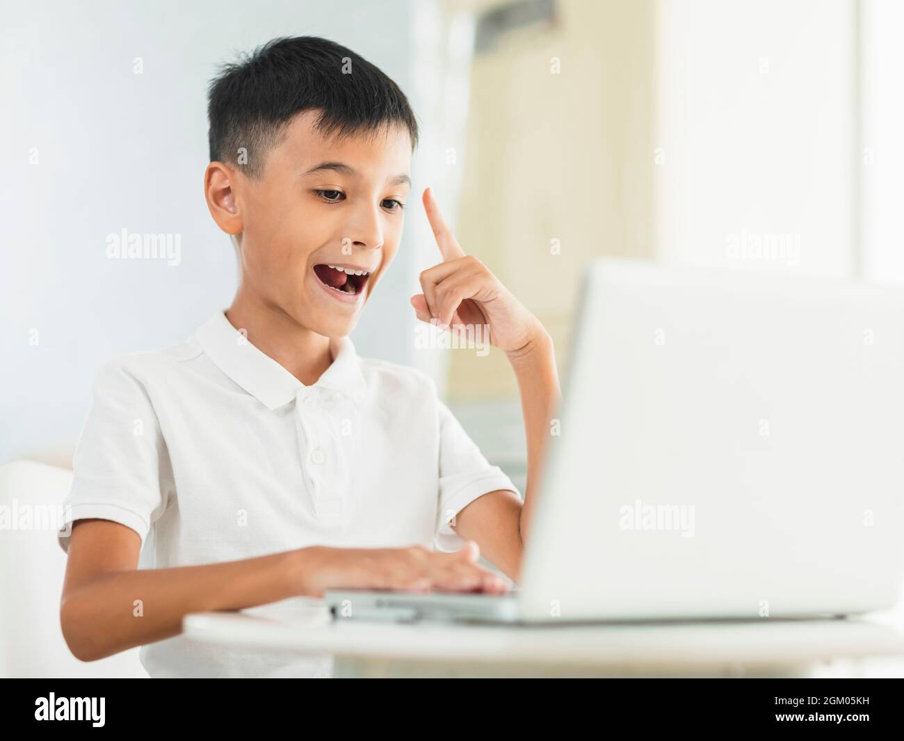 Ragazzo allegro usando laptop.Study online. Foto Stock