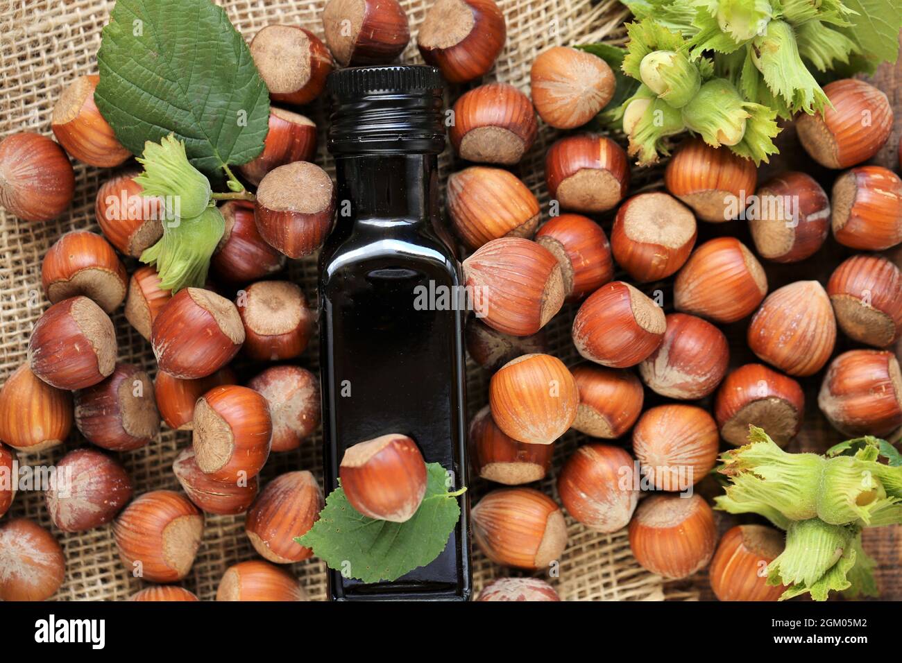 Olio di nocciola. Bottiglia di vetro e nocciole con foglie su olio di nocciola fresco burlap.Organic Vegan. Foto Stock