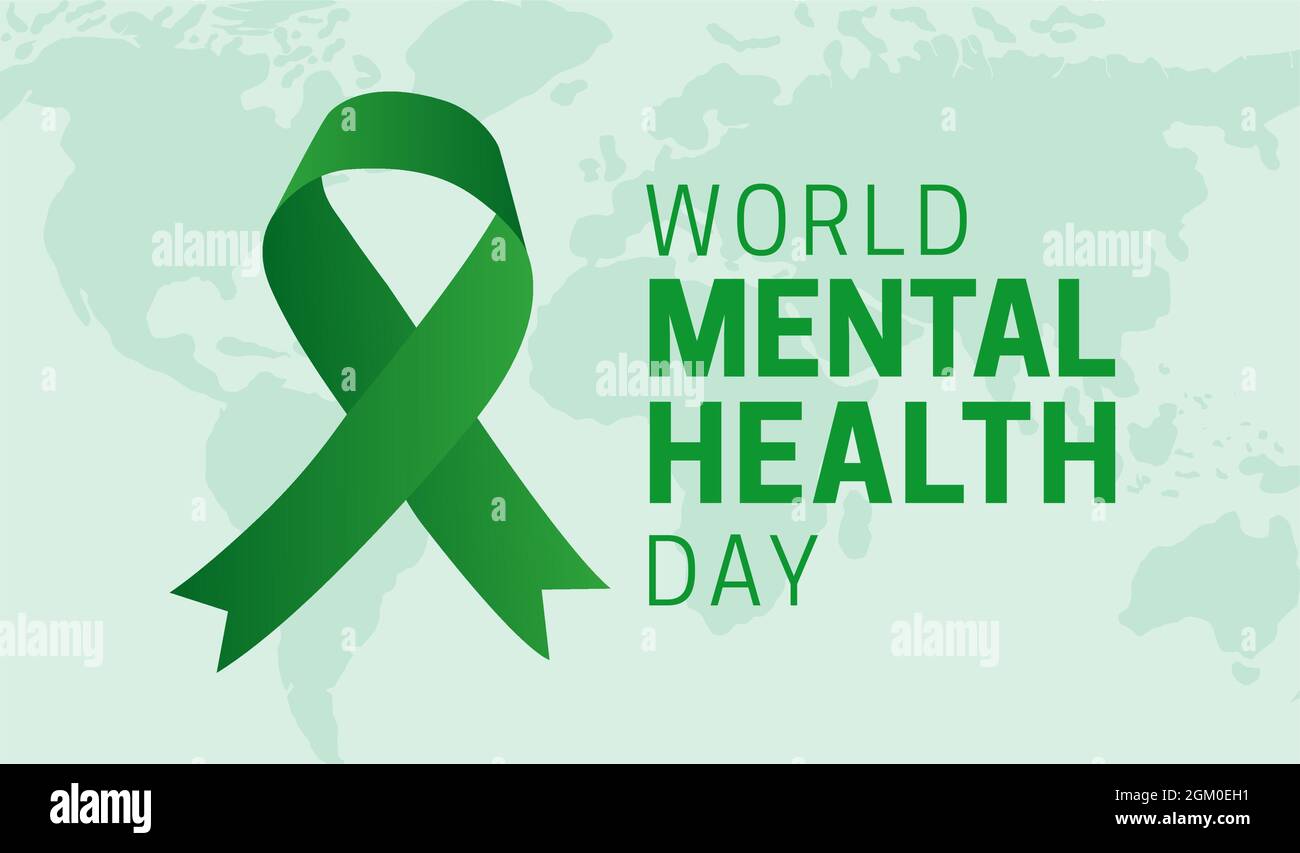 World Mental Health Day Illustrazione sfondo e nastro verde Illustrazione Vettoriale