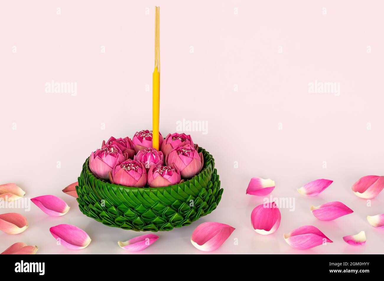 Foglie di banana Krathong decorano con fiori di loto rosa e petali per la Thailandia luna piena o Loy Krathong festival su sfondo rosa. Foto Stock