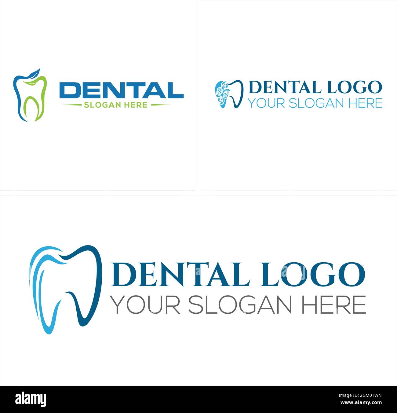 Design del logo dentista con linea vettoriale a balestra Illustrazione Vettoriale