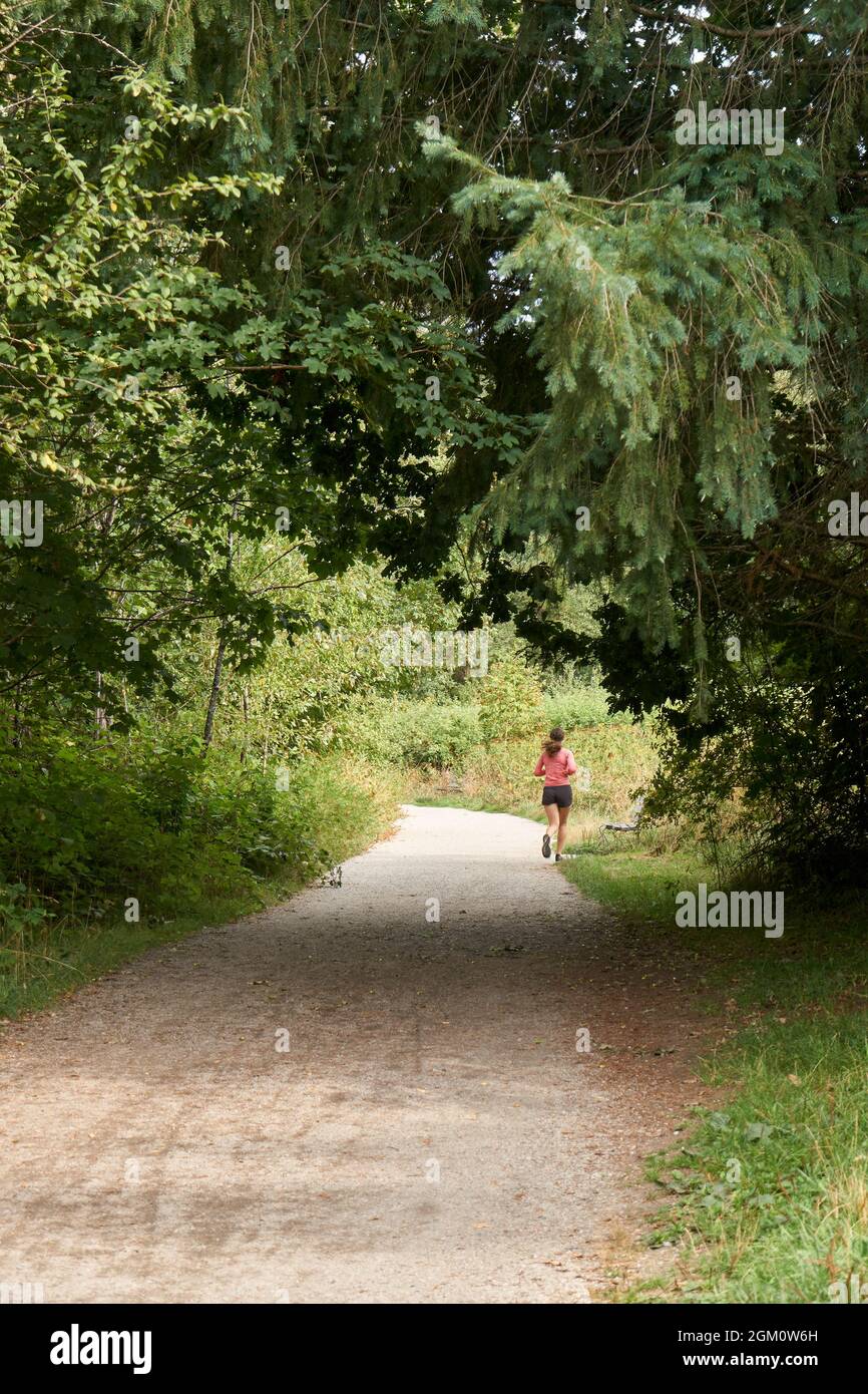 Donna jogging lungo un percorso attraverso una zona boscosa Foto Stock