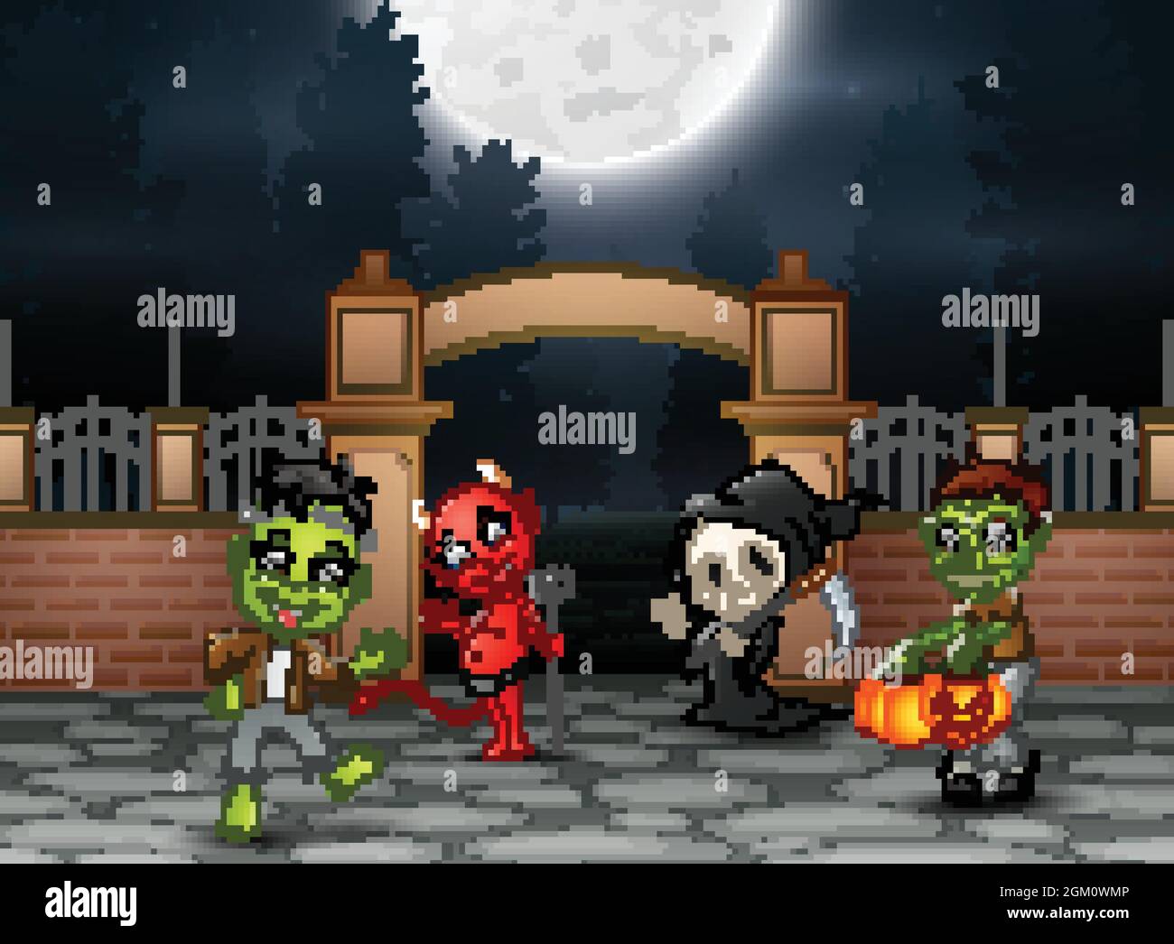Buon Halloween partito con gruppo di bambini in costume diverso Illustrazione Vettoriale