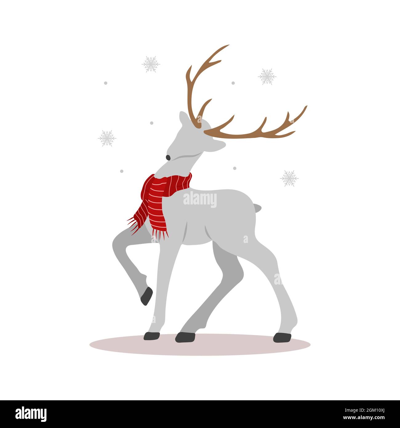 Renna di Natale in sciarpa. Cervo carino con formiche. Elemento di design invernale. Illustrazione vettoriale in stile cartoon piatto Illustrazione Vettoriale