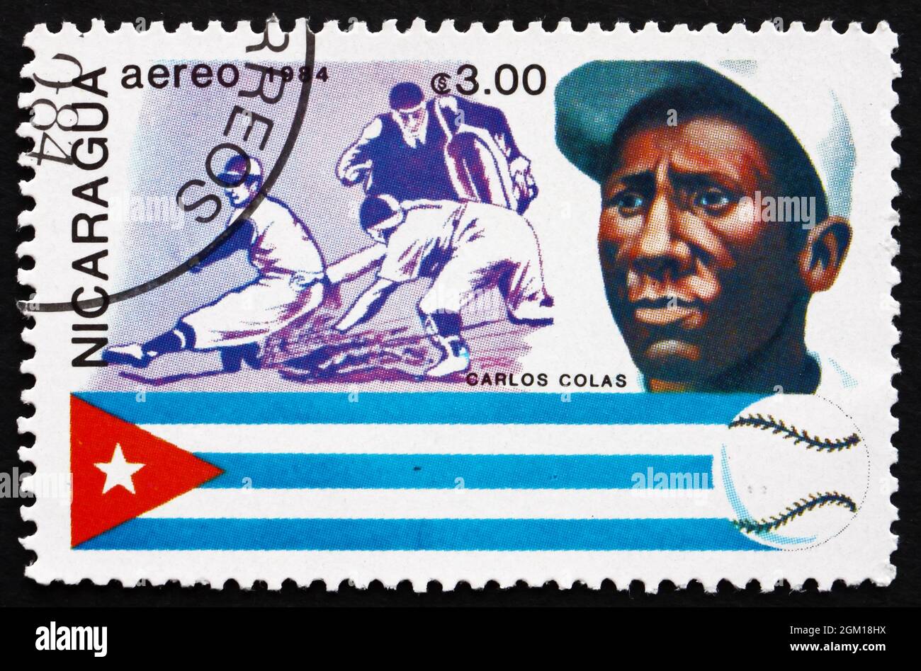 NICARAGUA - CIRCA 1984: Un francobollo stampato in Nicaragua mostra Carlos Colas, Baseball Player, Cuba, Storia del Baseball, circa 1984 Foto Stock