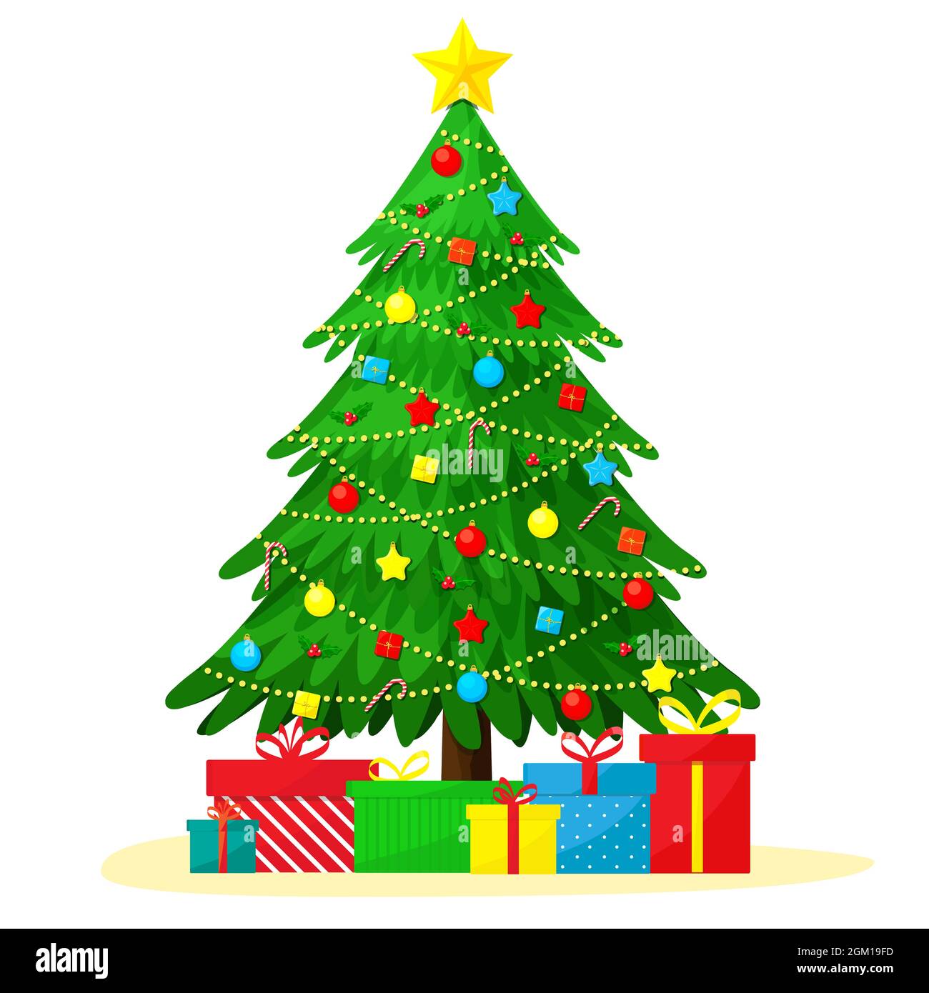 Decorate con giocattoli albero di Natale e scatole regalo isolate su bianco. Illustrazione vettoriale piatta. Illustrazione Vettoriale