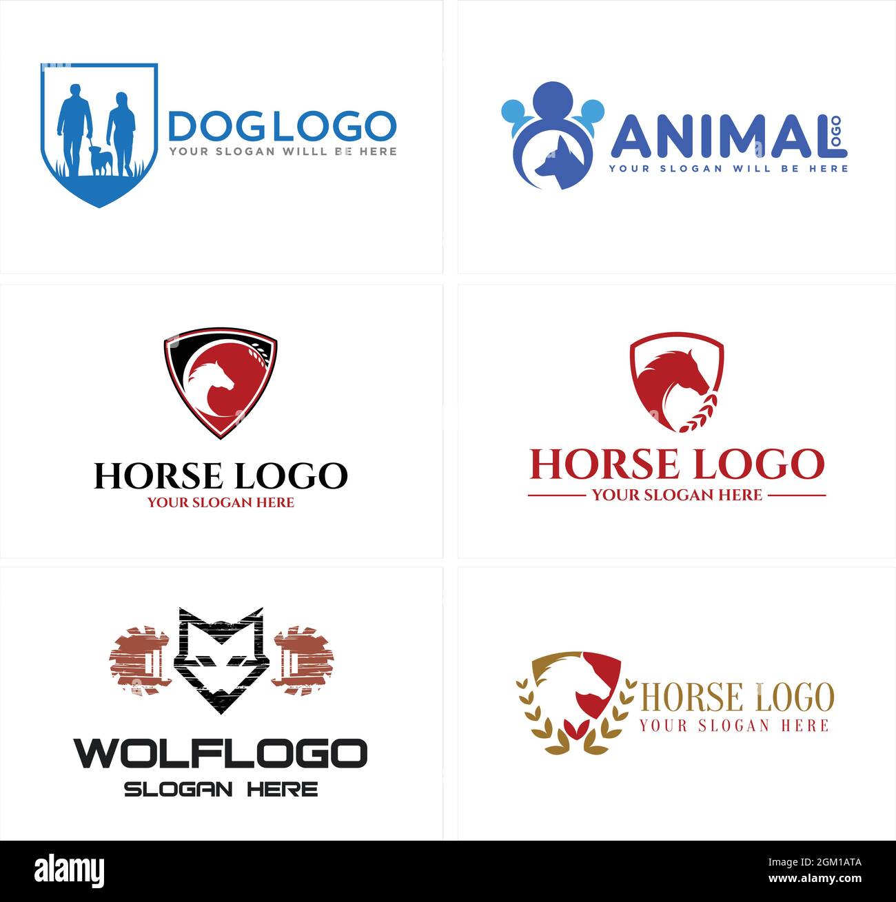 Animali amanti cane cavallo lupo cucciolo negozio logo design Illustrazione Vettoriale