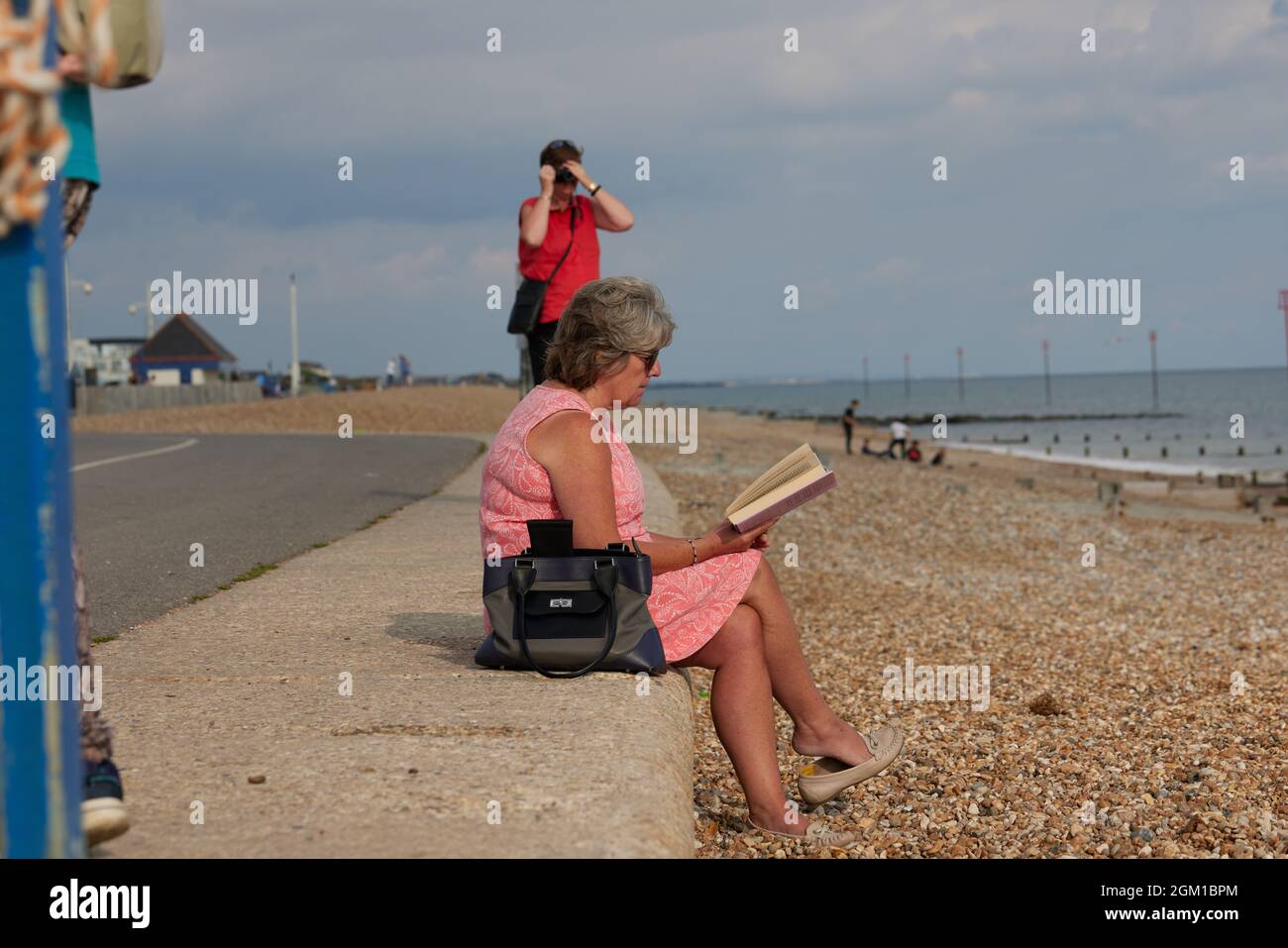 Donna che legge un libro al mare in estate. Foto Stock