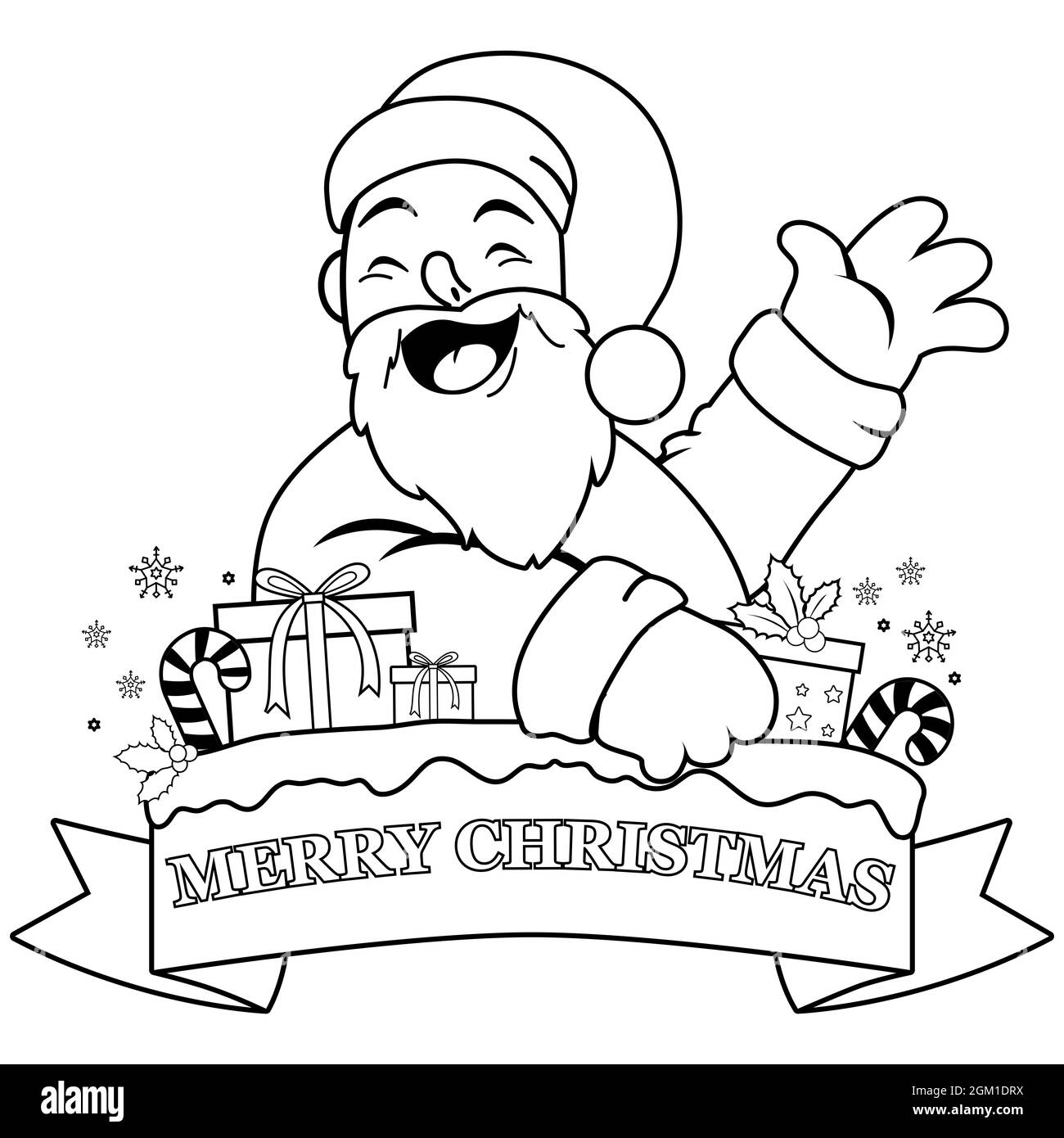Babbo Natale e banner di Natale. Pagina da colorare in bianco e nero. Foto Stock