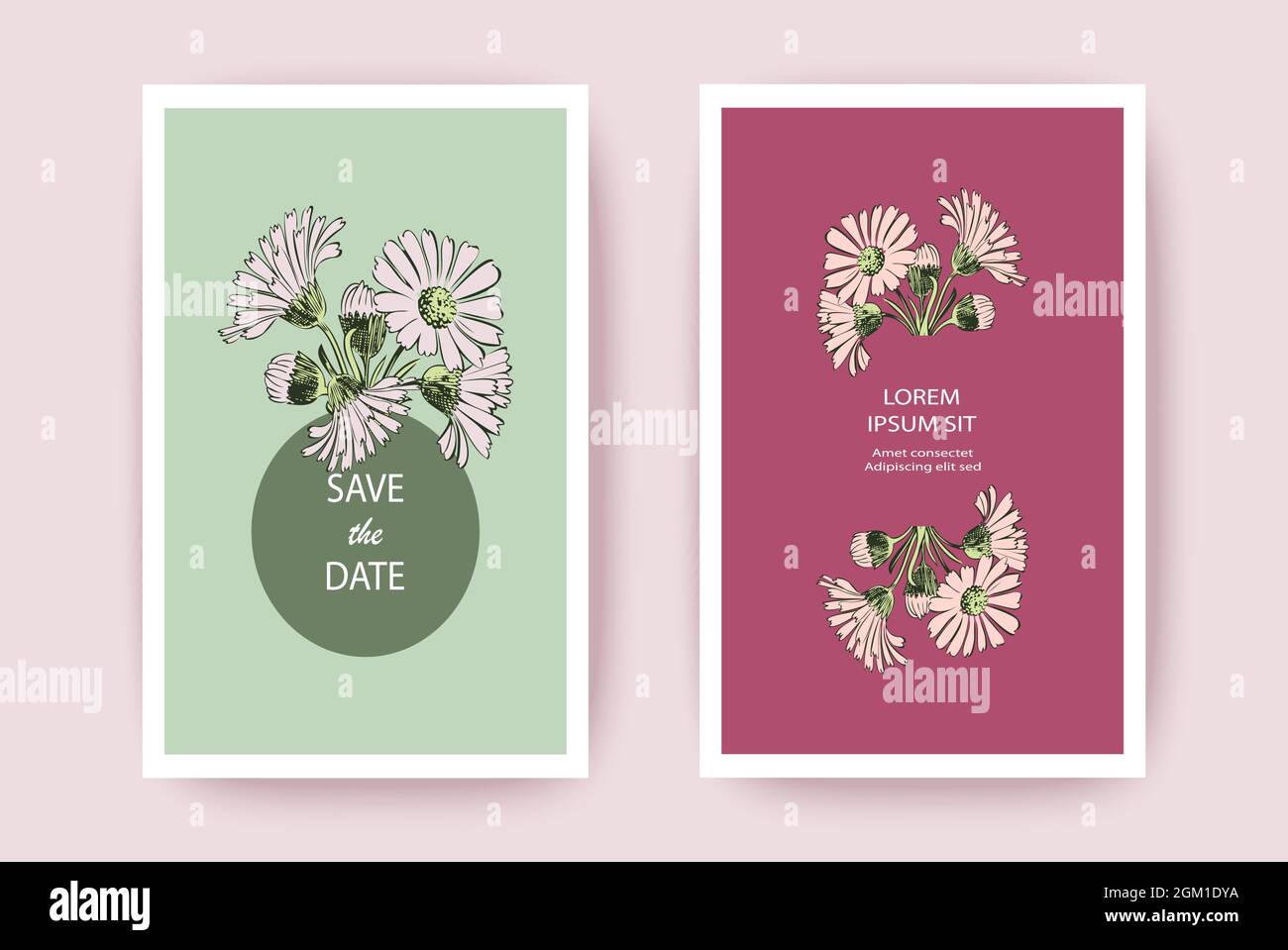 Carta d'auguri di fiori di Chrysanthemum disegnata a mano, illustrazione vettoriale artistica. Ornamento di nozze botaniche. Sfondo floreale trendy. Design, poll Illustrazione Vettoriale