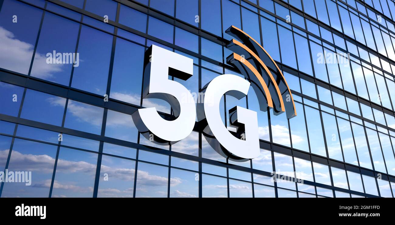 5G - concetto tipografico, cartello su vetro - illustrazione 3D Foto Stock