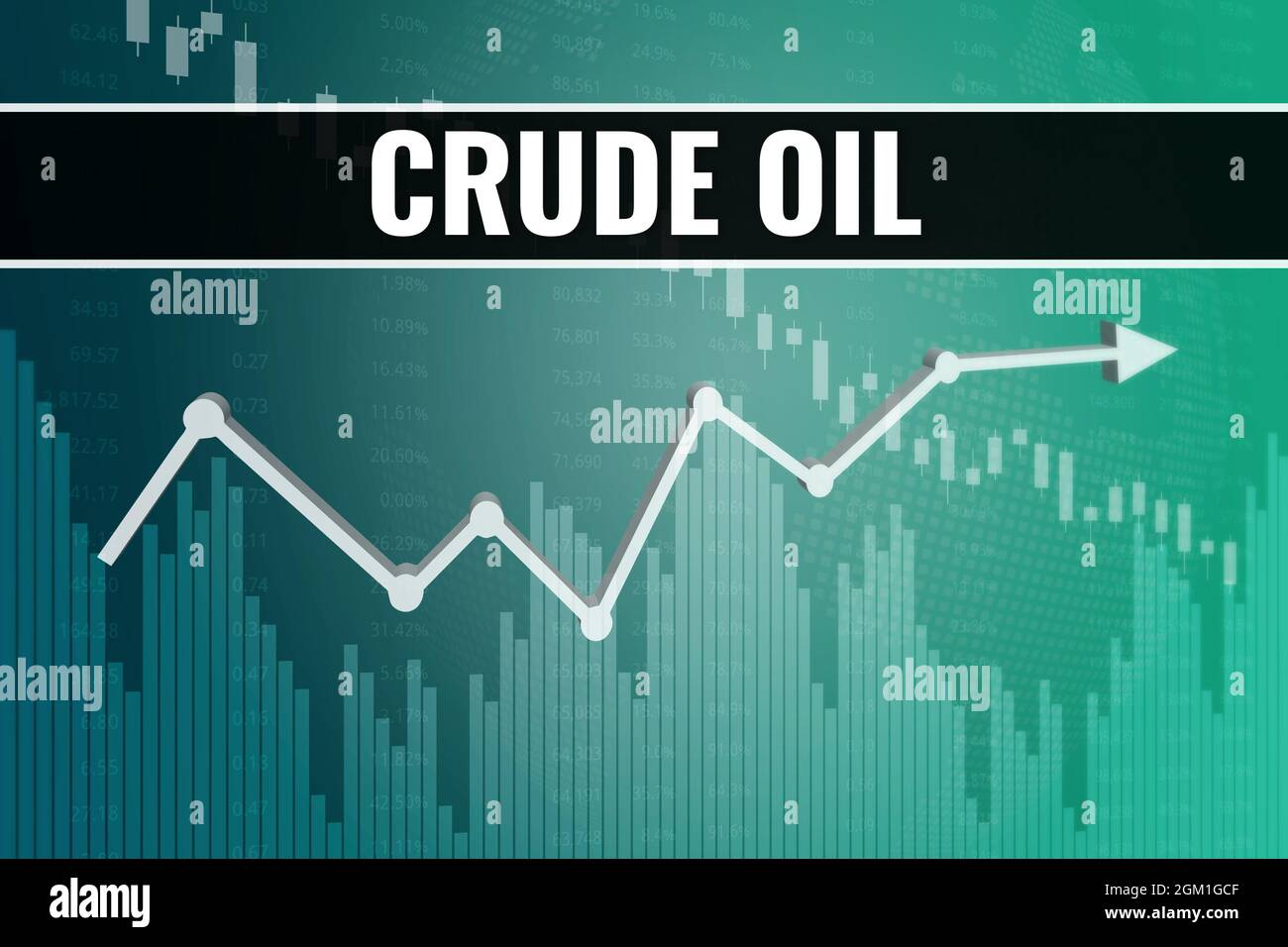 Variazione dei prezzi sui futures del petrolio greggio nel mondo su sfondo blu verde finanza. Trend su e giù. Illustrazione 3D. Concetto di mercato dei derivati finanziari Foto Stock