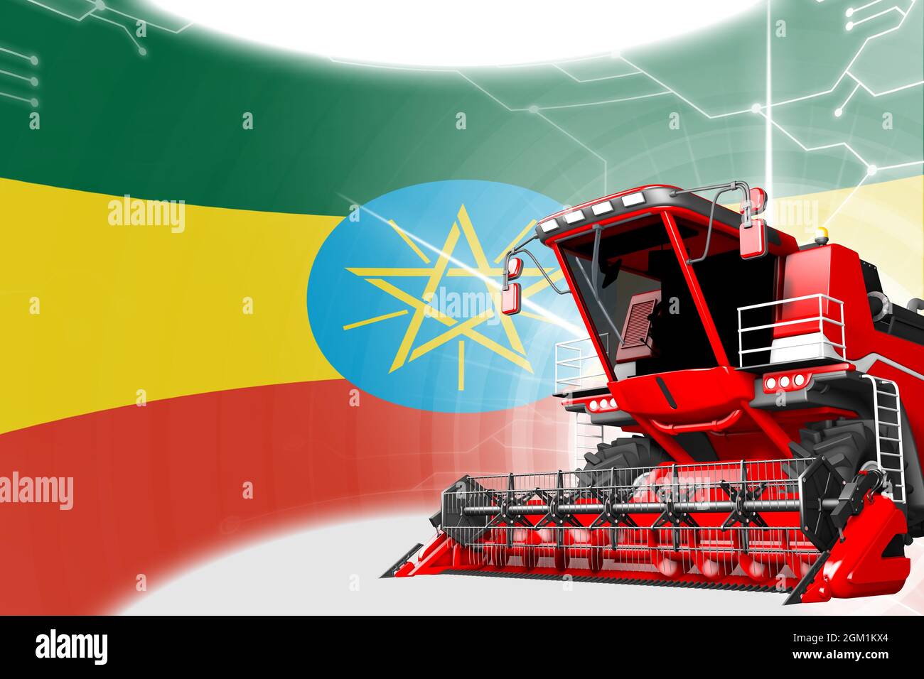 Concetto di innovazione agricola, mietitrebbia per grano rosso avanzata sulla bandiera Etiopia - illustrazione 3D industriale digitale Foto Stock