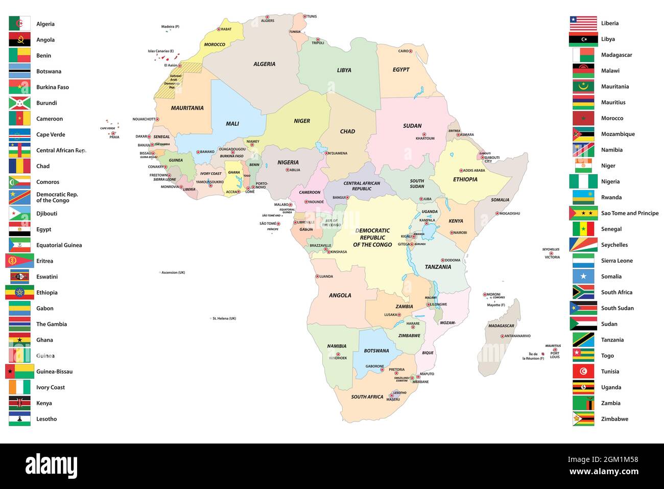 Mappa vettoriale degli stati sovrani dell'Africa con le loro bandiere Illustrazione Vettoriale