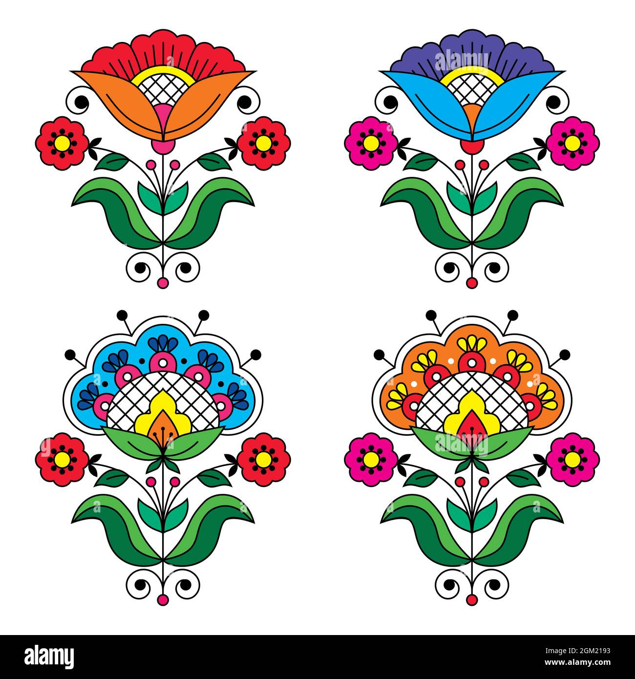 Design variopinto con fiori, foglie e vortici ispirati ai tradizionali ricami scandinavi Illustrazione Vettoriale