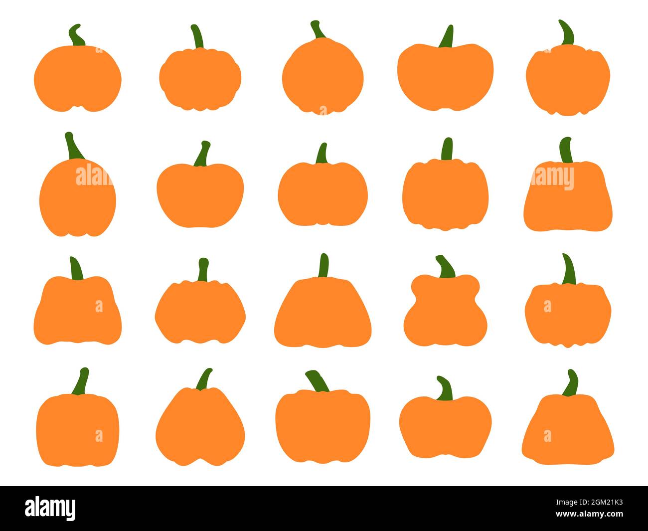 Icona Pumpkins isolata su sfondo bianco. Una collezione di zucche di diverse forme e dimensioni. Elemento di design per striscioni e poster, greeti Illustrazione Vettoriale
