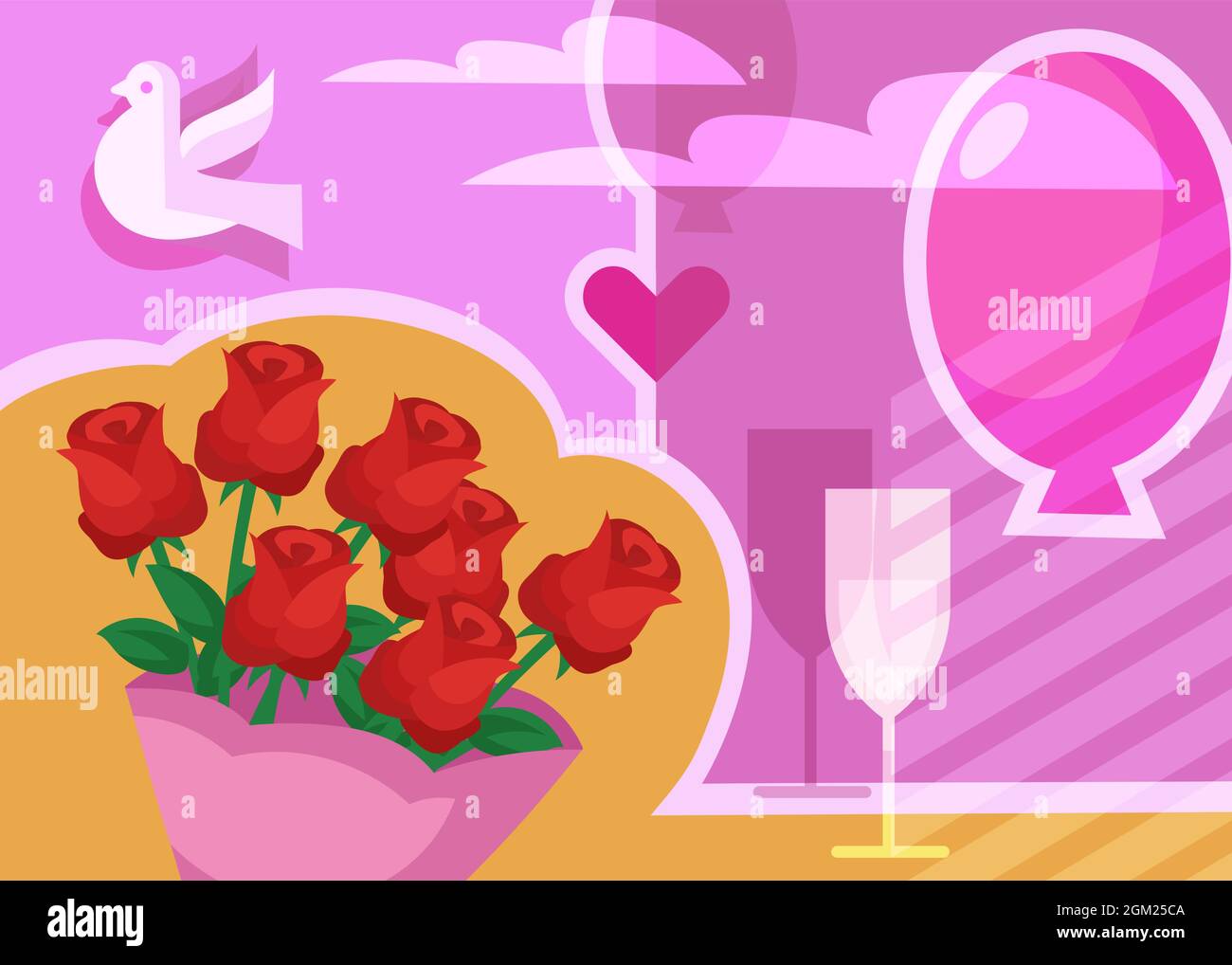 Banner per matrimoni con bouquet di rose. Design di cartoline in stile cartoon. Illustrazione Vettoriale
