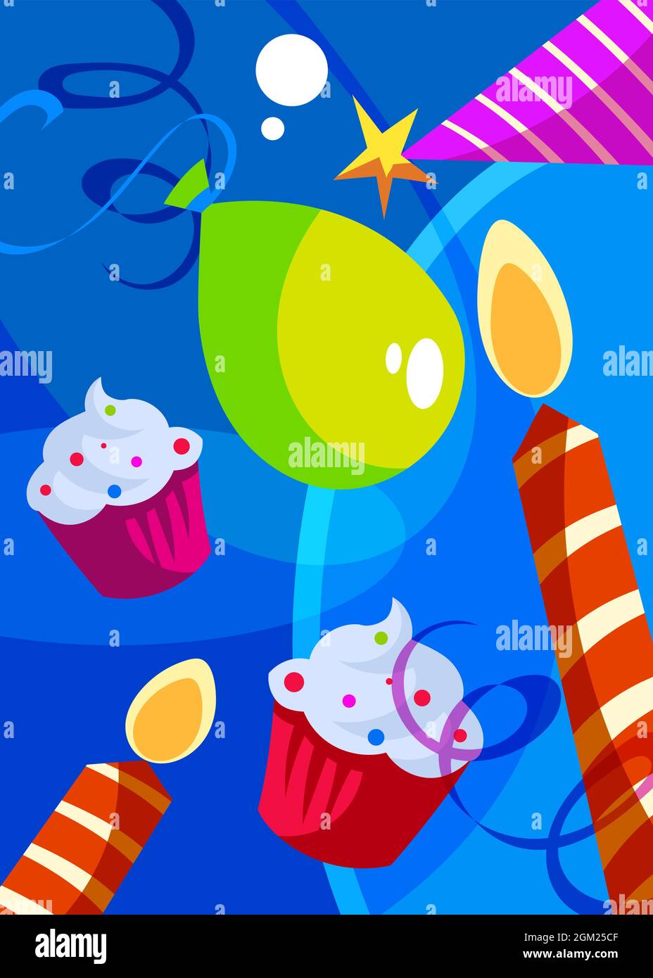Poster di buon compleanno con torte e candele. Design cartolina vacanza in stile cartone animato. Illustrazione Vettoriale