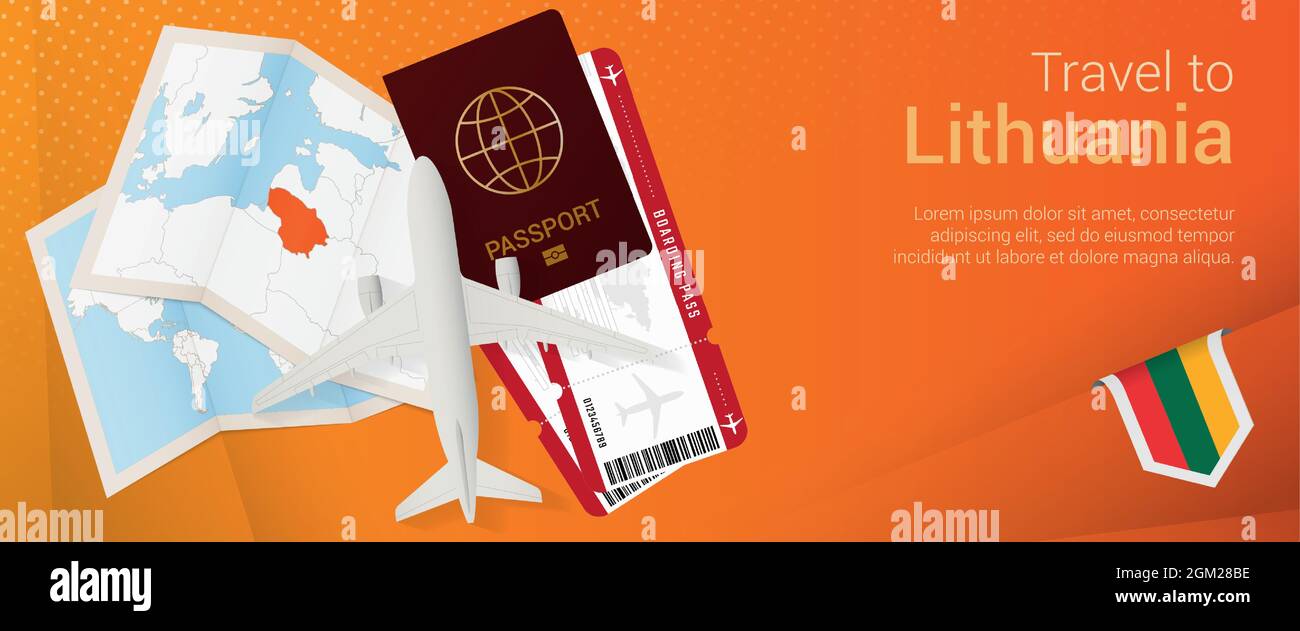 Viaggio in Lituania pop-under banner. Banner viaggio con passaporto, biglietti, aereo, carta d'imbarco, mappa e bandiera della Lituania. Modello vettoriale. Illustrazione Vettoriale