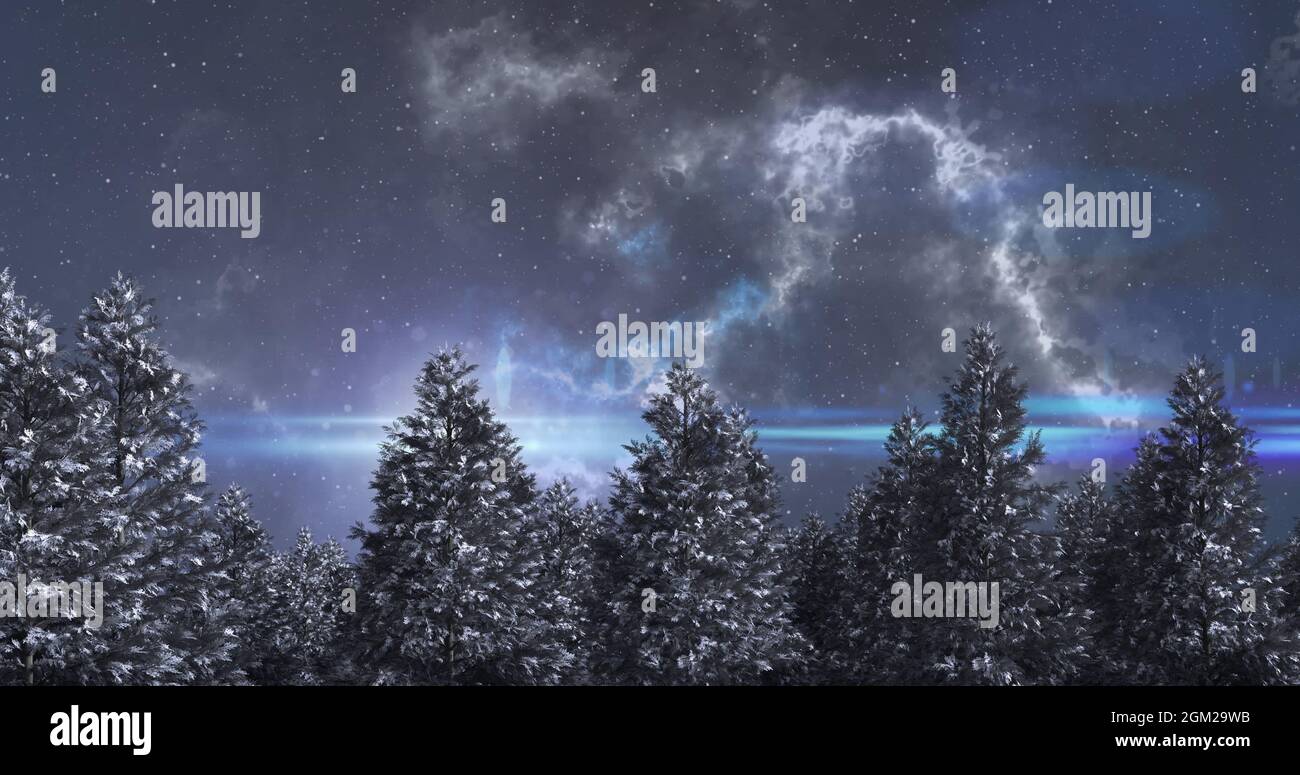 Immagine di una stella blu brillante e delle nuvole che si muovono sul paesaggio invernale sul cielo notturno Foto Stock