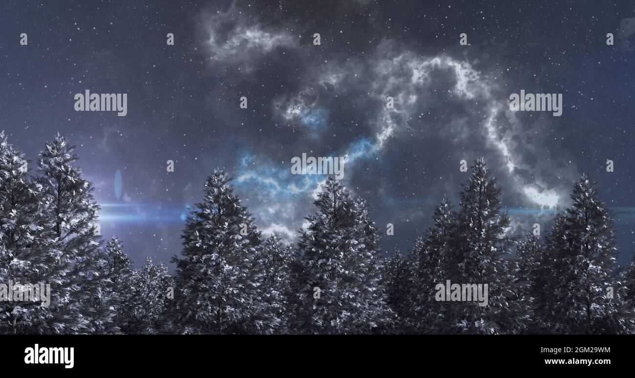 Immagine di una stella blu brillante e delle nuvole che si muovono sul paesaggio invernale sul cielo notturno Foto Stock