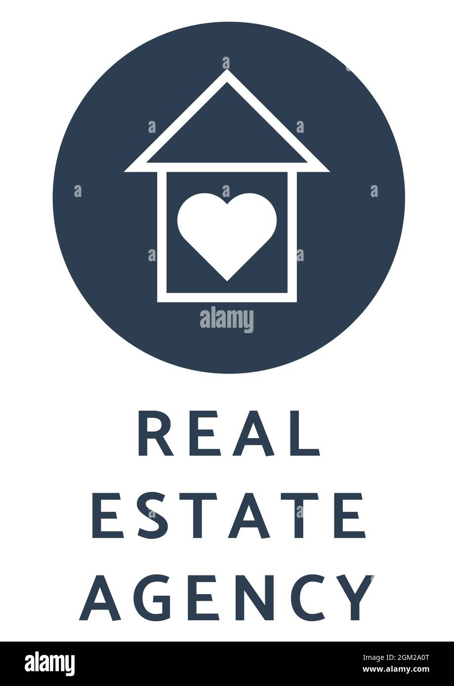 Testo agenzia immobiliare con casa in un cuore icona su sfondo bianco Foto Stock