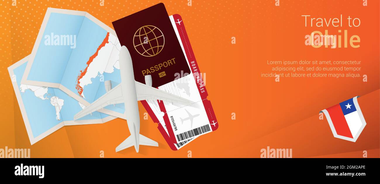 Viaggio in Cile pop-under banner. Banner viaggio con passaporto, biglietti, aereo, carta d'imbarco, mappa e bandiera del Cile. Modello vettoriale. Illustrazione Vettoriale