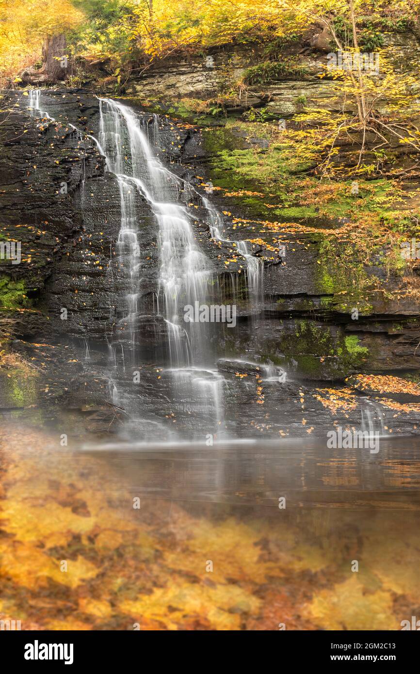 Bushkill PA Bridal Veil Falls - Vista sulla cascata Pennel circondata dai colori colorati dell'autunno. Questa immagine è disponibile anche come nero e. Foto Stock