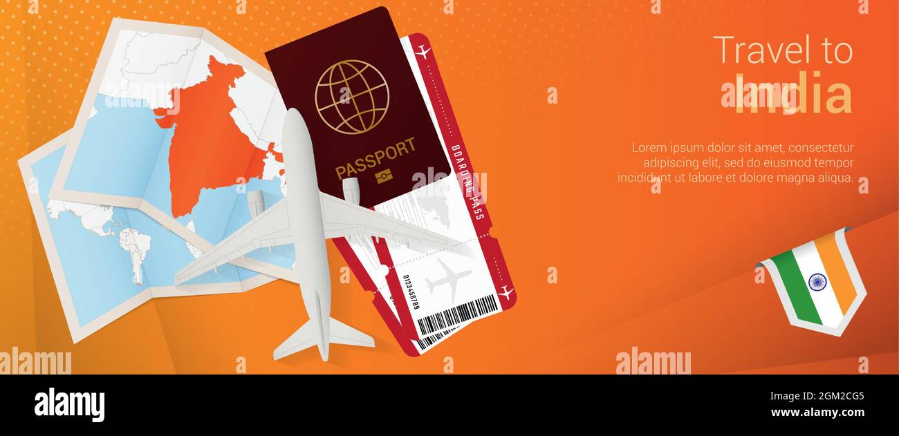 Viaggio in India pop-under banner. Banner viaggio con passaporto, biglietti, aereo, carta d'imbarco, mappa e bandiera dell'India. Modello vettoriale. Illustrazione Vettoriale