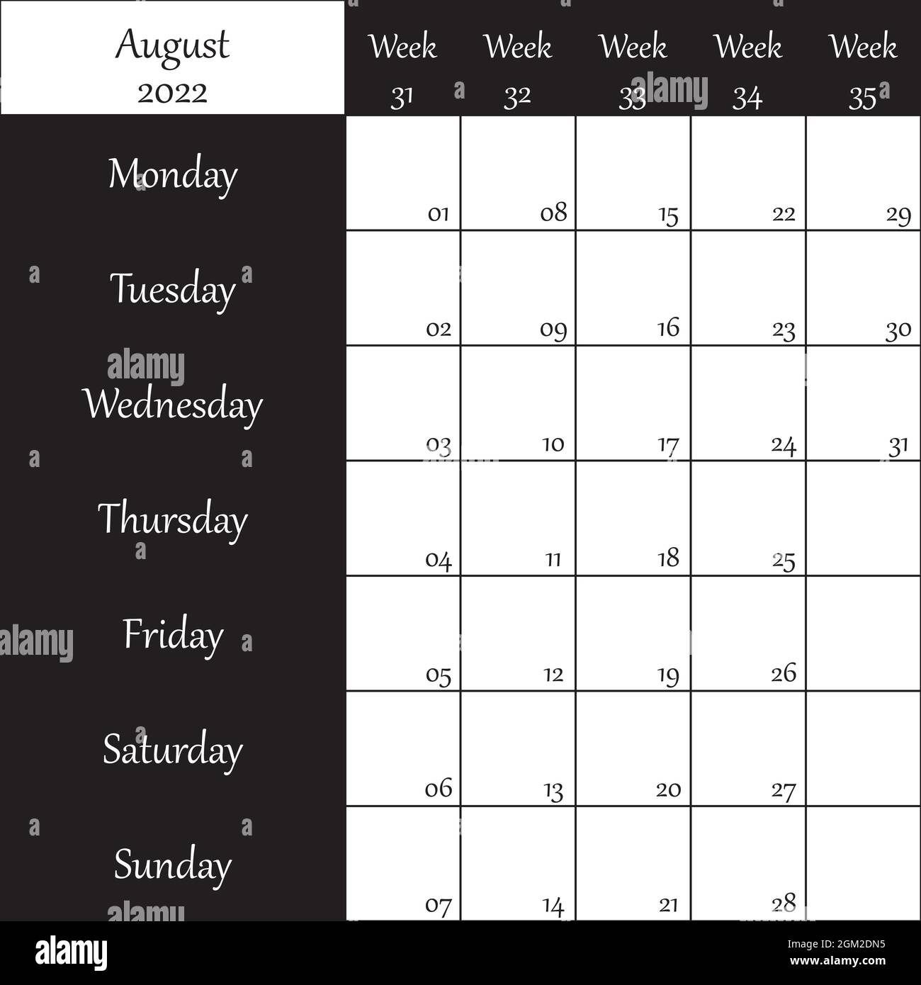 Agosto 2022 Planner con numero per ogni settimana nero su sfondo trasparente Illustrazione Vettoriale