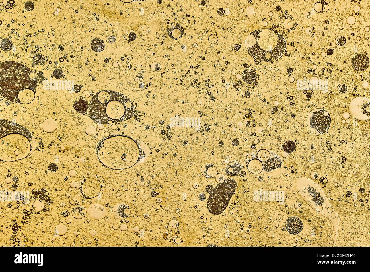 sfondo astratto di bolle gialle generate in acqua e olio Foto Stock