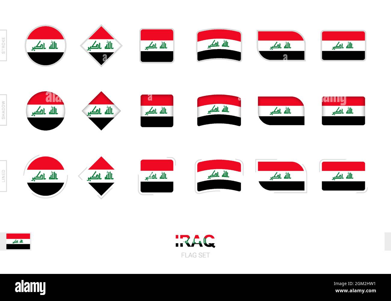 Set di bandiere irachene, bandiere semplici dell'Iraq con tre effetti diversi. Illustrazione vettoriale. Illustrazione Vettoriale
