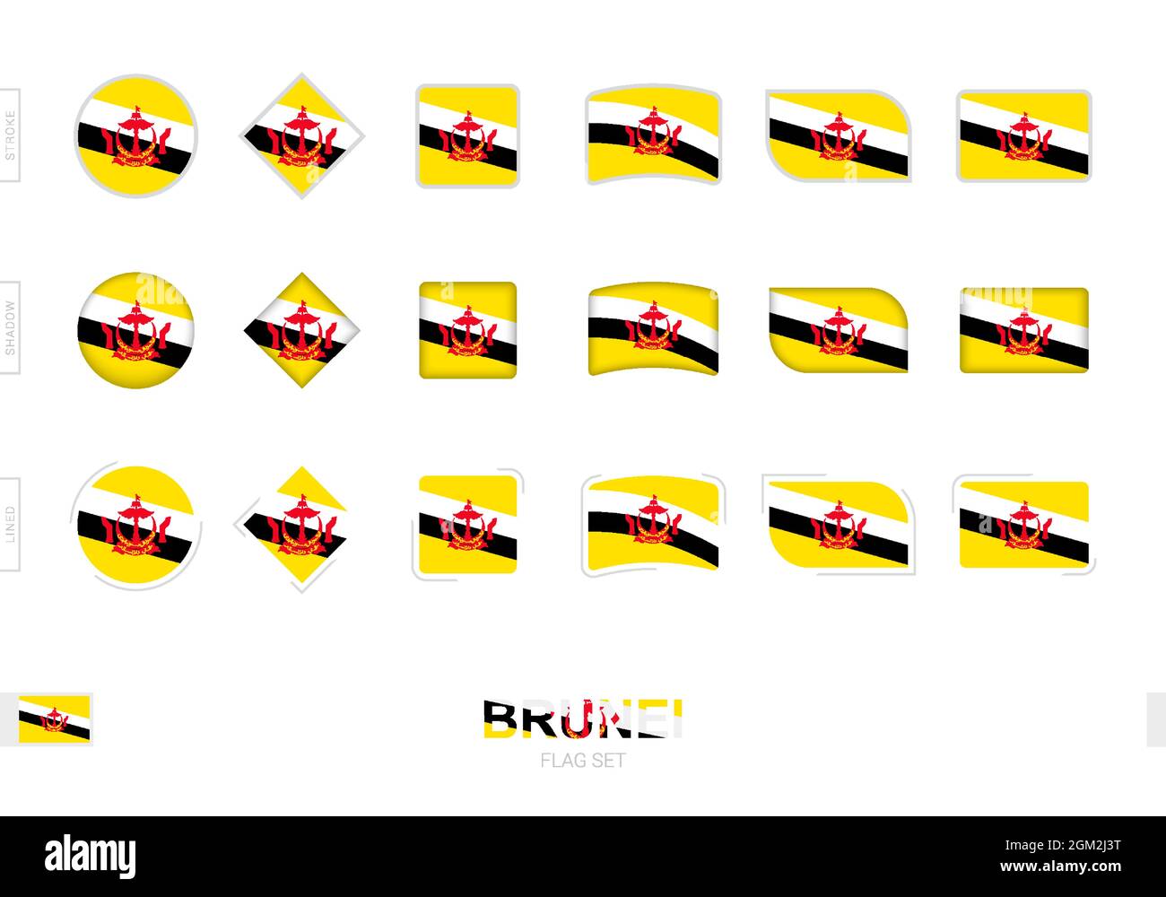 Set di bandiere Brunei, semplici bandiere di Brunei con tre effetti diversi. Illustrazione vettoriale. Illustrazione Vettoriale