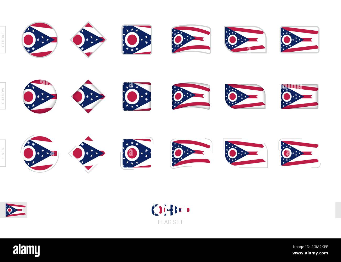 Ohio flag set, semplici bandiere dell'Ohio con tre effetti diversi. Illustrazione vettoriale. Illustrazione Vettoriale