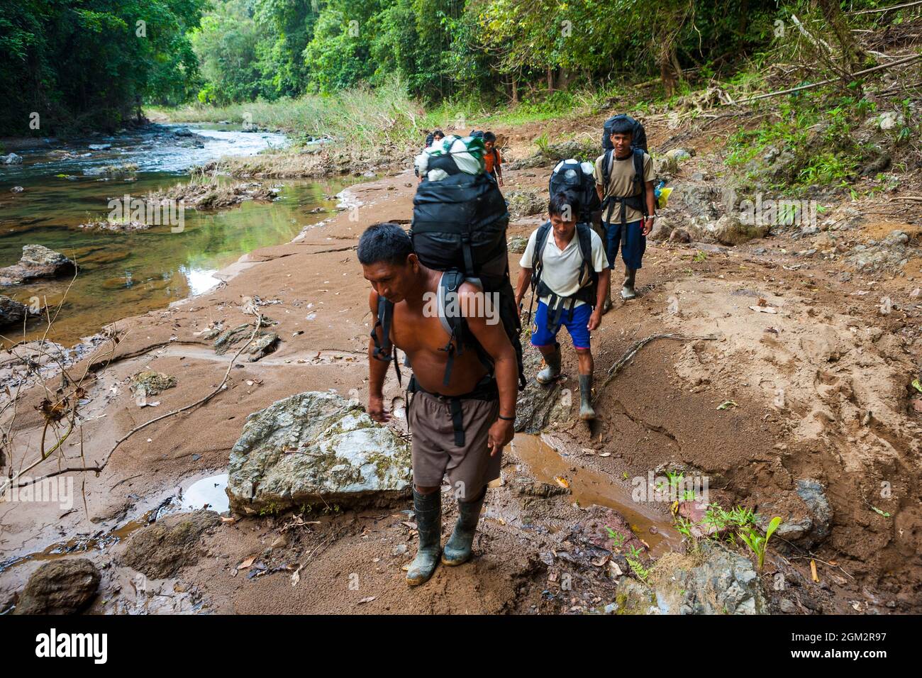 Gli escursionisti indiani Embera camminano lungo un fiume lungo il vecchio sentiero Camino Real, il parco nazionale di Chagres, Repubblica di Panama, America Centrale. Foto Stock